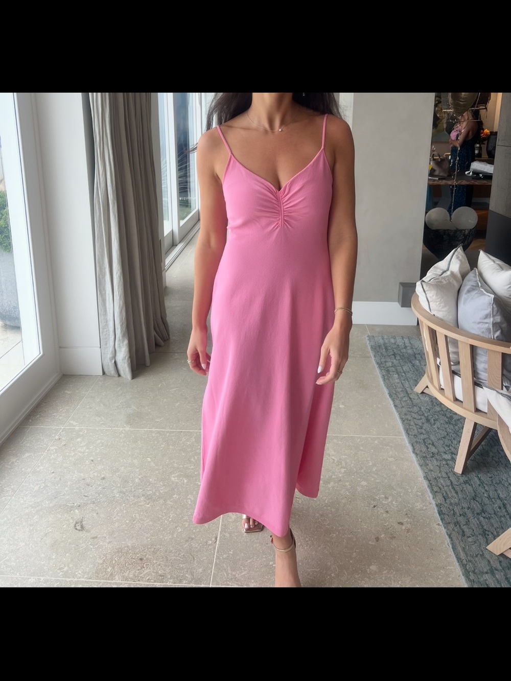 Scanlan Theodore Pink Slip Midi Dress with Spaghetti Straps